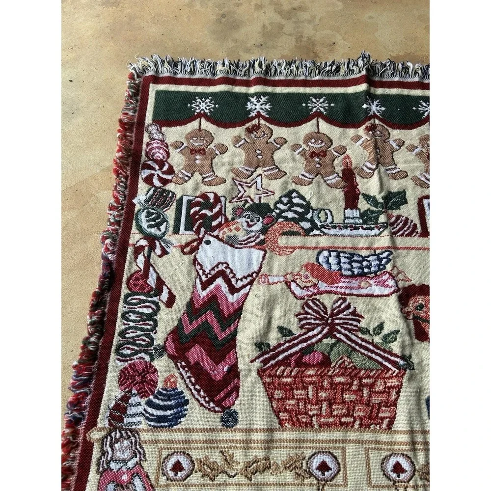 Vtg Christmas Tapestry Blanket Throw Crown Crafts Cookie Elf Santa Nutcracker